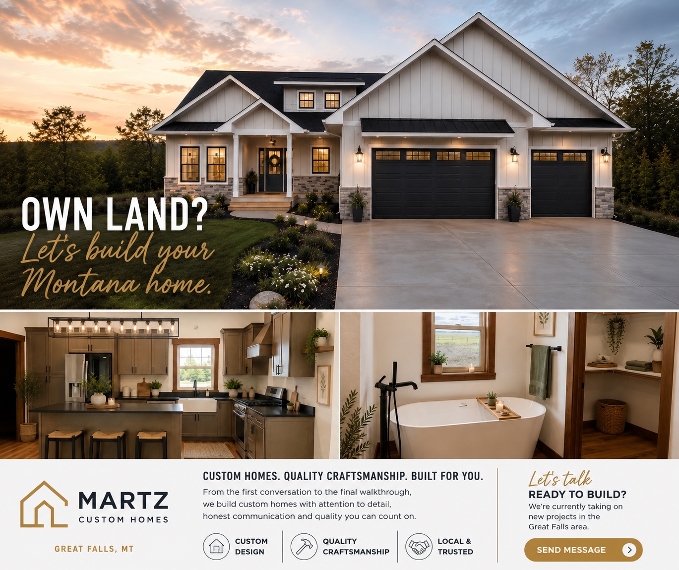 Martz Custom Homes advertisement inviting Montana landowners to build a custom home